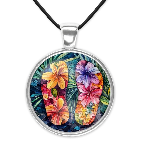 None Jewelry - Colorful Floral Flip Flop Pendant Necklace